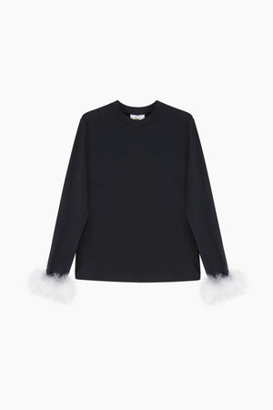 Black & White Long Sleeve Stretch-cotton Jersey T-Shirt with Detachable Feathers
