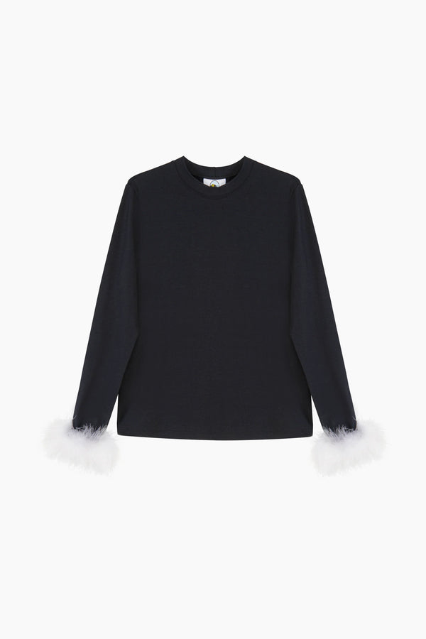 Black & White Long Sleeve Stretch-cotton Jersey T-Shirt with Detachable Feathers
