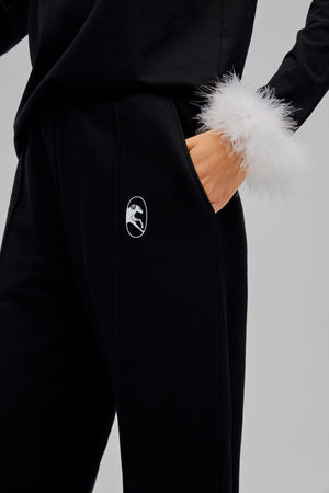 Black Relaxed Stretch-cotton Jersey Pants with Lace