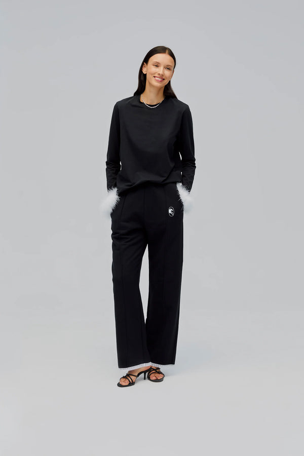 Black Relaxed Stretch-cotton Jersey Pants with Lace
