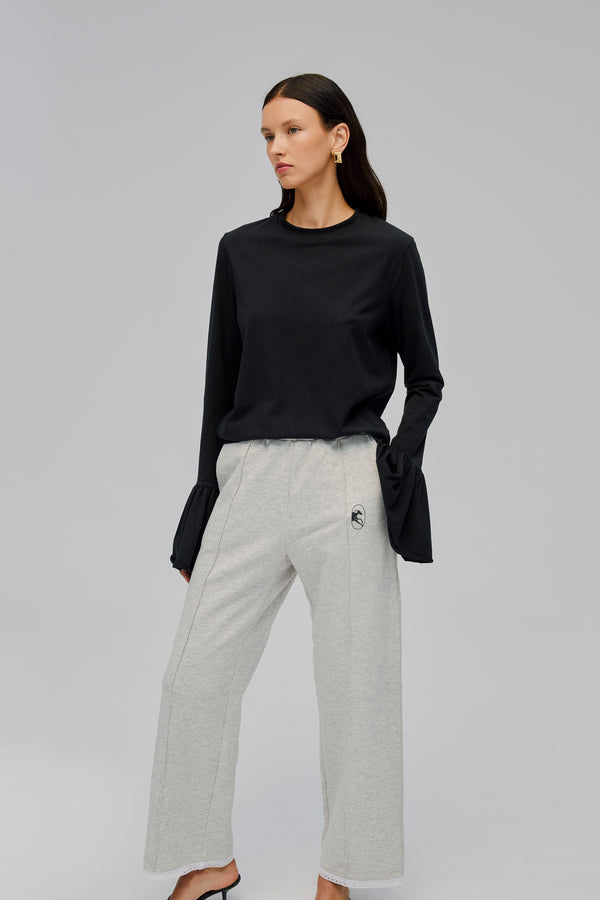 Grey Relaxed Stretch-cotton Jersey Pants with Lace
