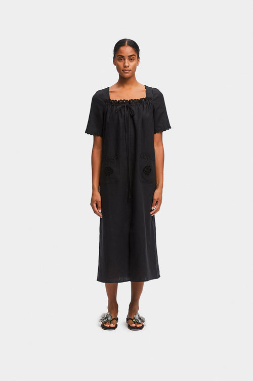 Black Sofia Linen Embroidered Midi Dress