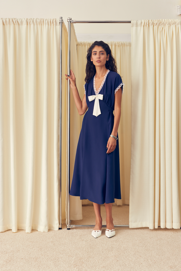 The Bow Satin Midi Dress in Navy