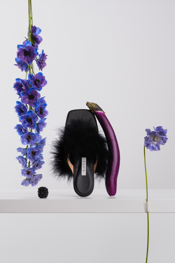 Pom Kitten Heel Mules with Feathers