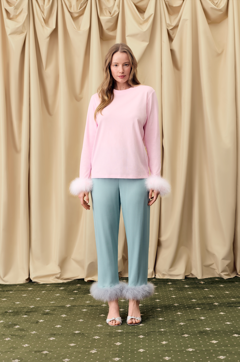 Pink Long Sleeve Stretch-cotton Jersey T-Shirt with Detachable Feathers