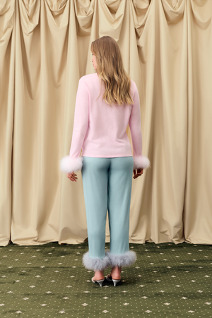 Pink Long Sleeve Stretch-cotton Jersey T-Shirt with Detachable Feathers