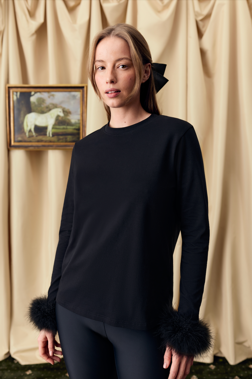 Black Long Sleeve Stretch-cotton Jersey T-Shirt with Detachable Feathers