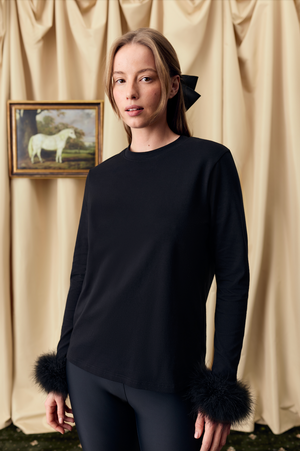 Black Long Sleeve Stretch-cotton Jersey T-Shirt with Detachable Feathers