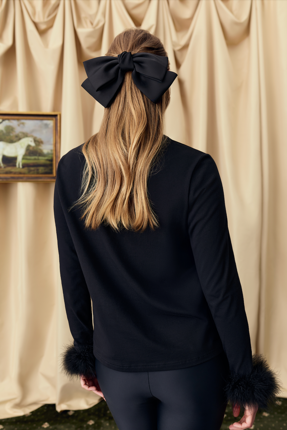 Black Long Sleeve Stretch-cotton Jersey T-Shirt with Detachable Feathers