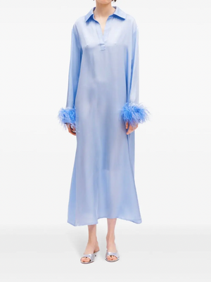 Blue Feather-Trim Ankle-Length Dress