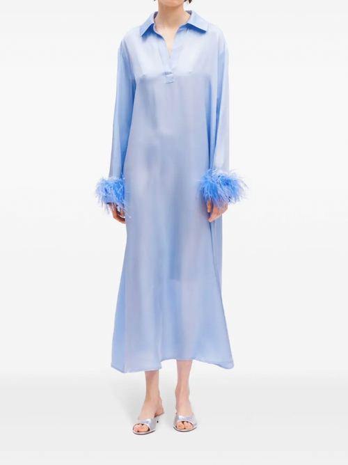 Blue Feather-Trim Ankle-Length Dress