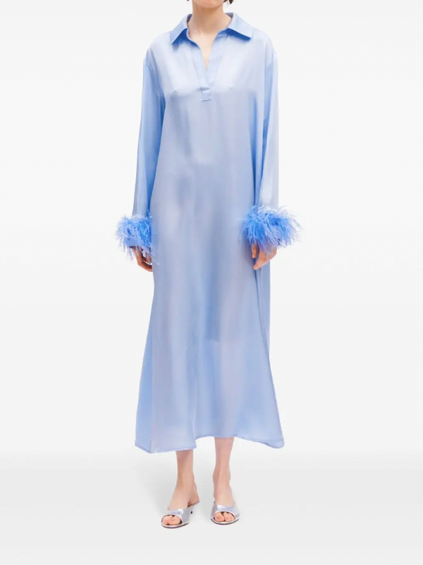 Blue Feather-Trim Ankle-Length Dress