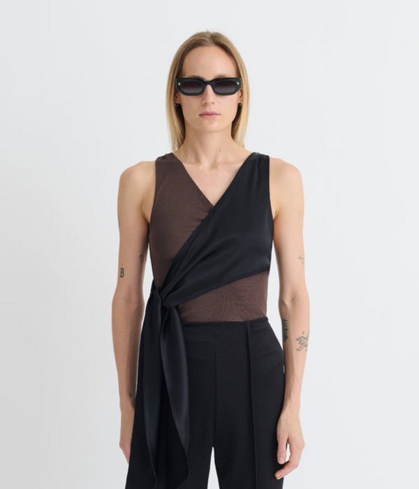 Dark Oak Neca Mesh Jersey & Slip Satin Sleeveless Top