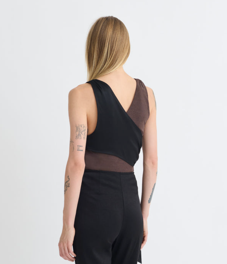 Dark Oak Neca Mesh Jersey & Slip Satin Sleeveless Top