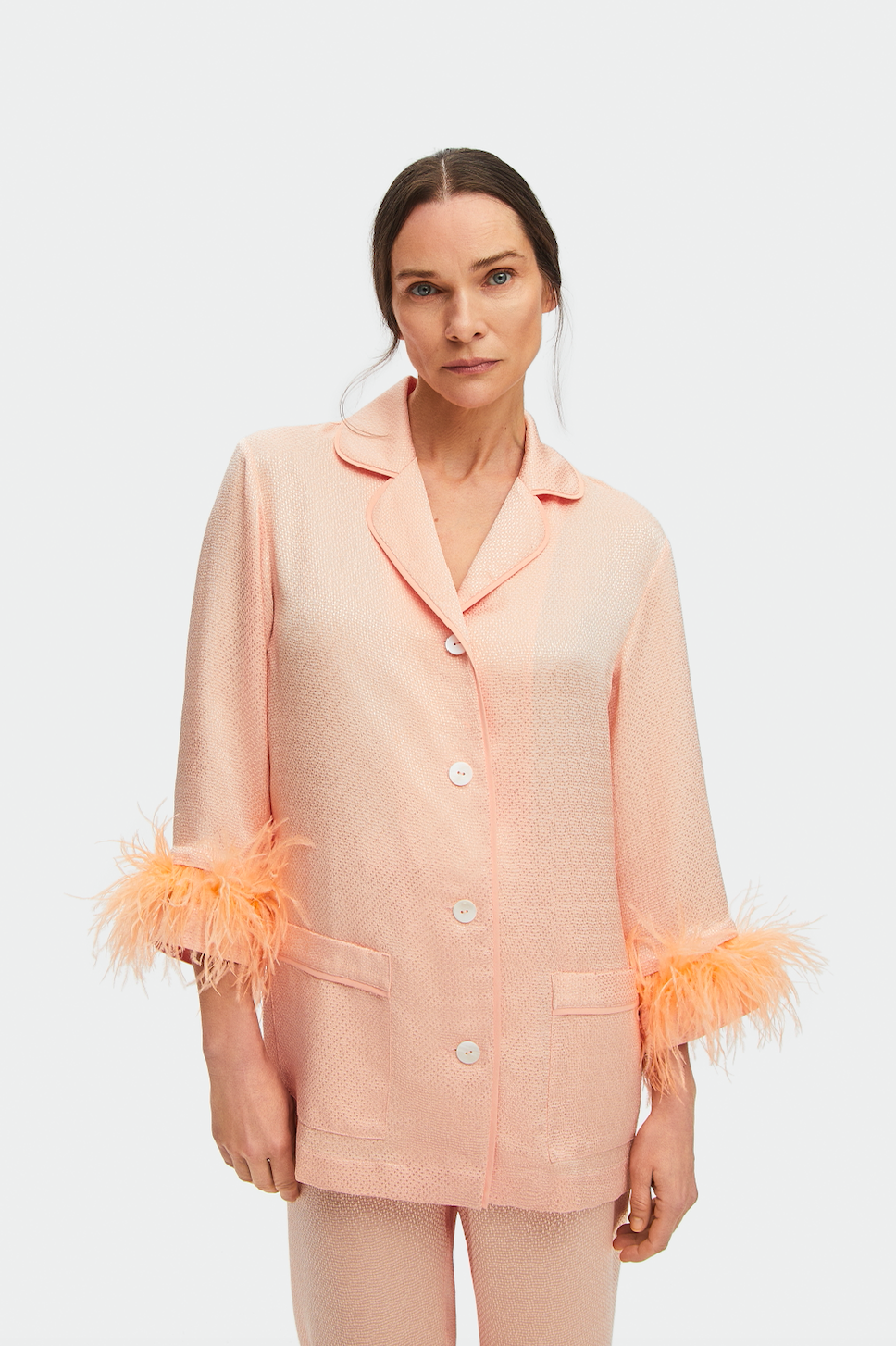 Peach Jacquard Party Pajamas Set With Detachable Feathers