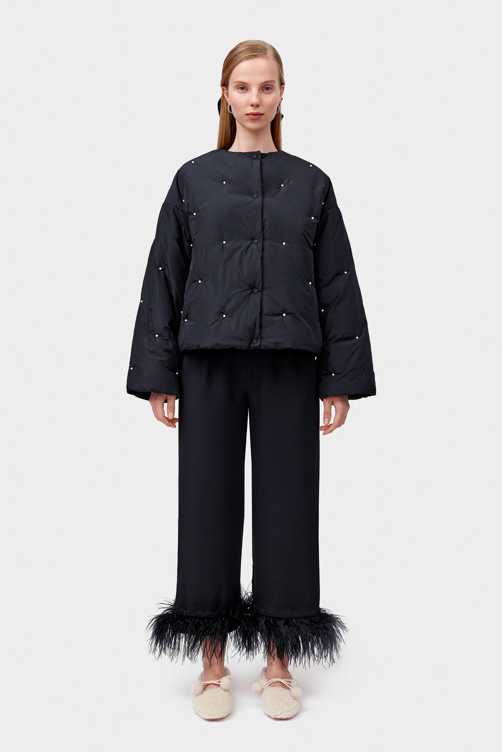 Black Puffer Jacket with Pearl Details