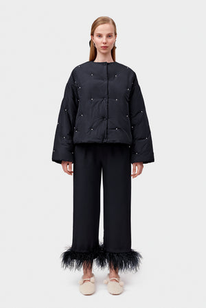 Black Puffer Jacket with Pearl Details