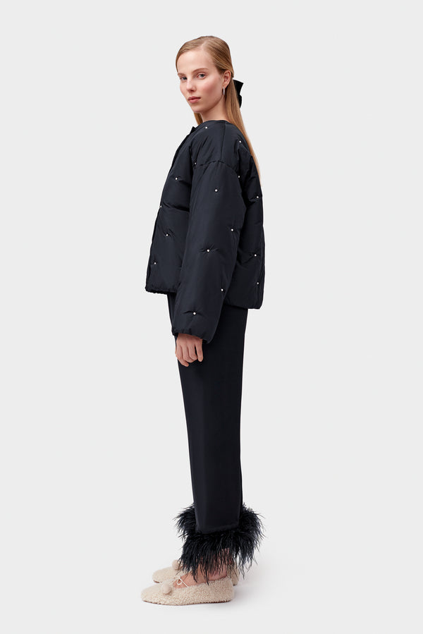 Black Puffer Jacket with Pearl Details