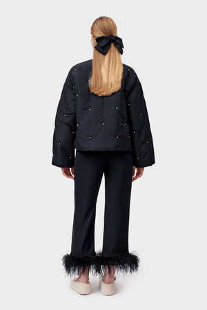 Black Puffer Jacket with Pearl Details