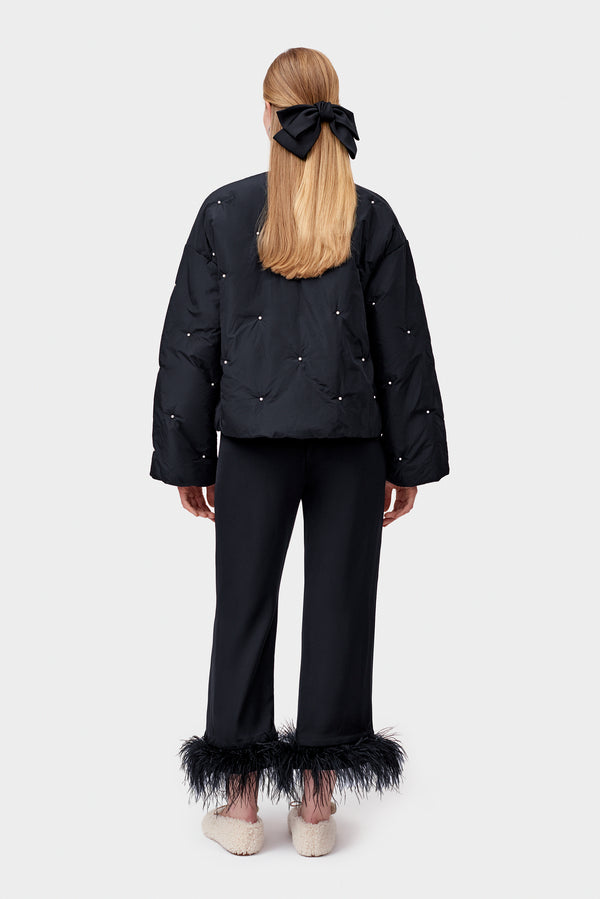 Black Puffer Jacket with Pearl Details