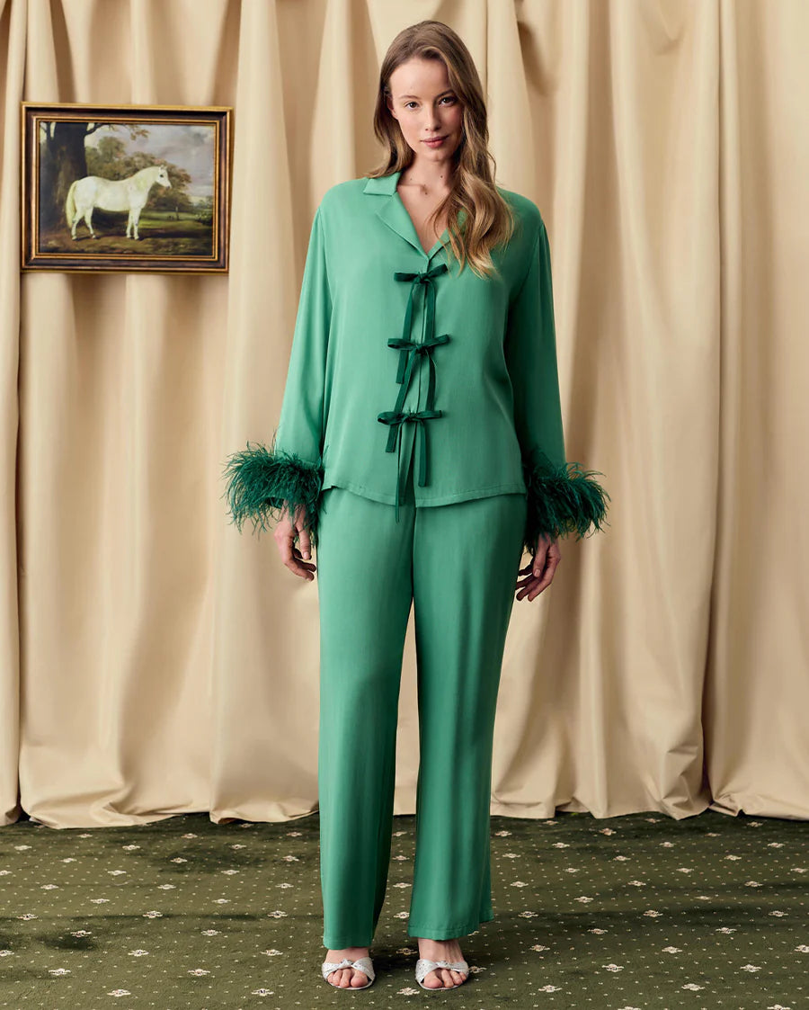 Green Bow Pajama Set with Detachable Feathers