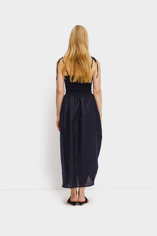 Navy Atlanta Linen Strap Dress With Rose Detail
