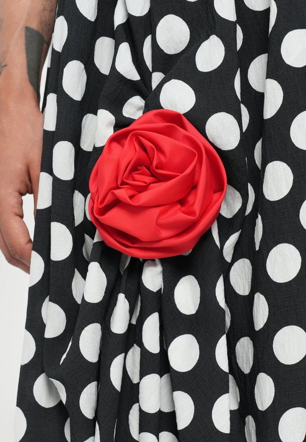 Black Polka Dot Belle Cotton Dress with Rose Detail