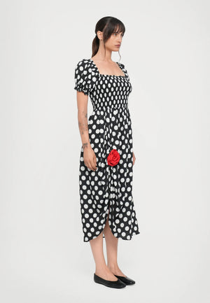 Black Polka Dot Belle Cotton Dress with Rose Detail