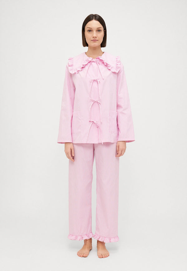 Pink Stripes Lybid Cotton Pajama Set With Ruffled Collar