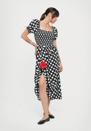 Black Polka Dot Belle Cotton Dress with Rose Detail