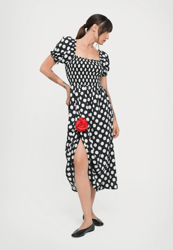 Black Polka Dot Belle Cotton Dress with Rose Detail