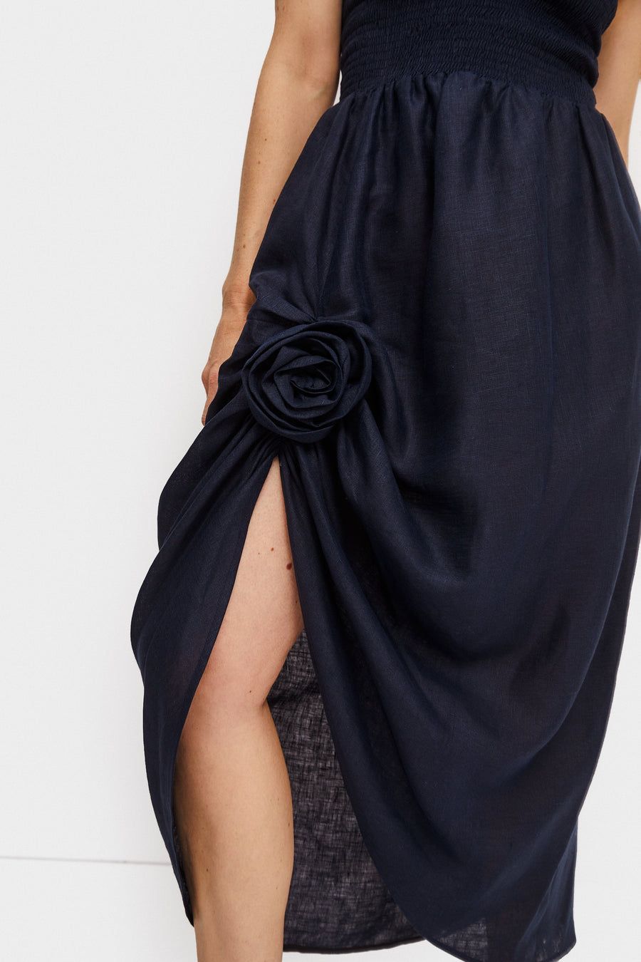 Navy Atlanta Linen Strap Dress With Rose Detail
