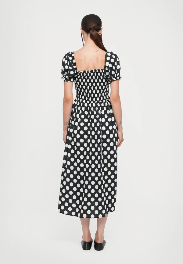Black Polka Dot Belle Cotton Dress with Rose Detail