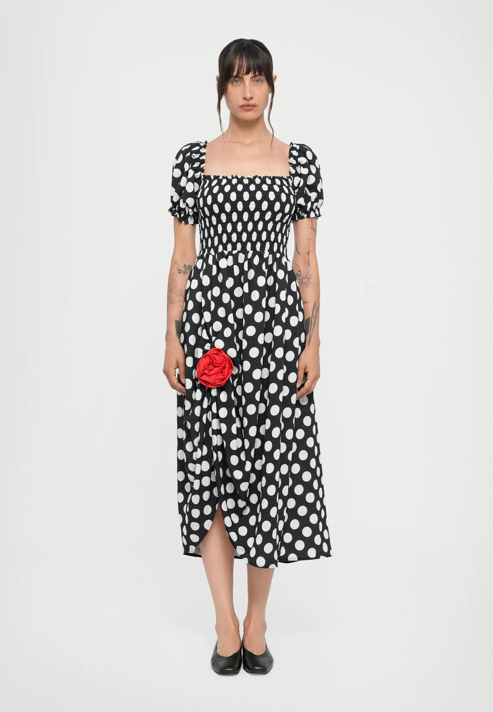 Black Polka Dot Belle Cotton Dress with Rose Detail