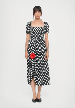Black Polka Dot Belle Cotton Dress with Rose Detail