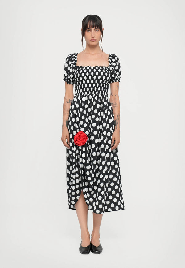 Black Polka Dot Belle Cotton Dress with Rose Detail