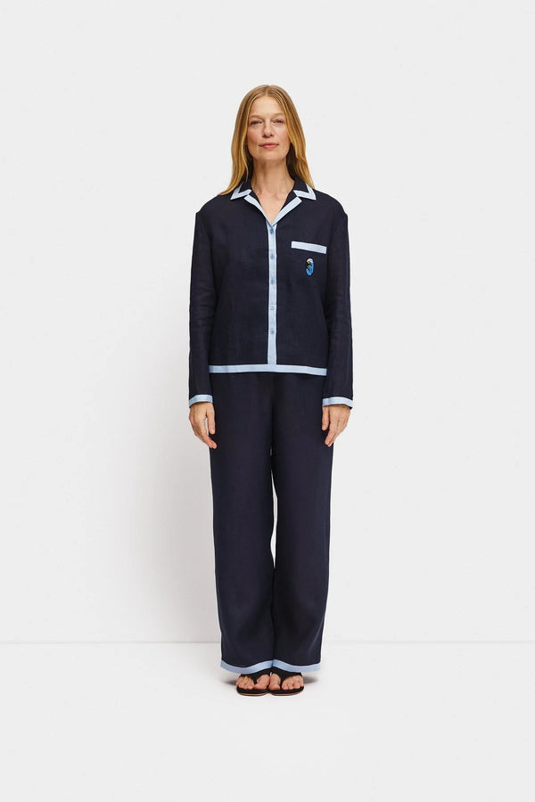 Navy Garrick Embroidered Linen Pants