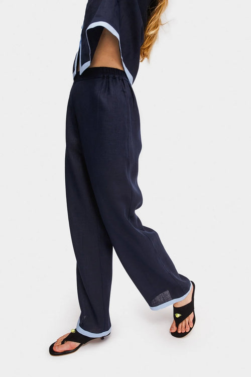Navy Garrick Embroidered Linen Pants