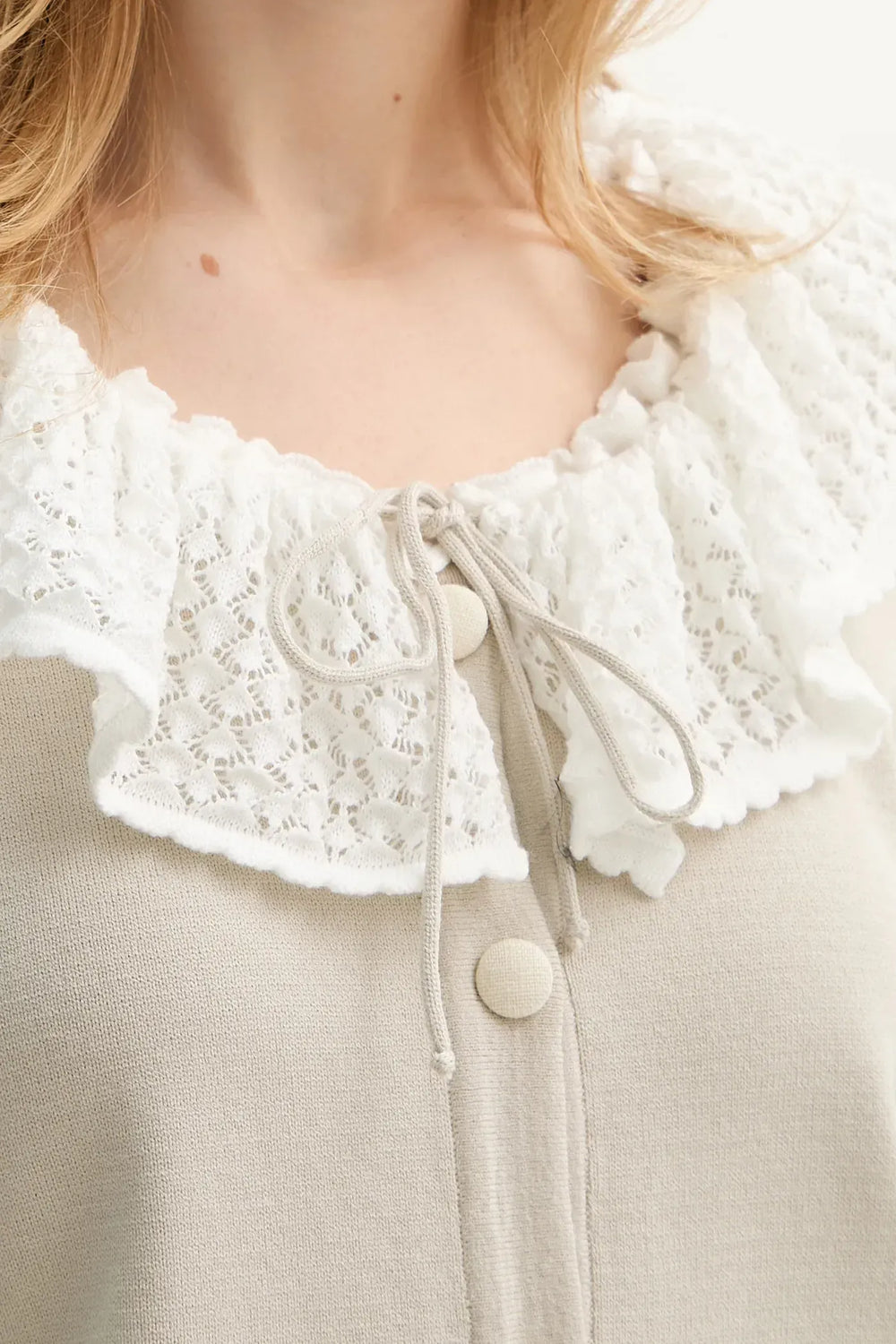 Beige Malena Knitted Cardigan with Lace Collar