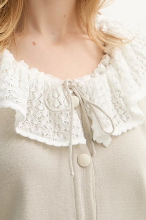 Beige Malena Knitted Cardigan with Lace Collar