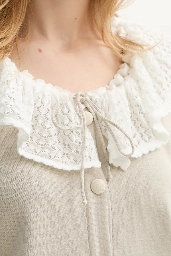Beige Malena Knitted Cardigan with Lace Collar