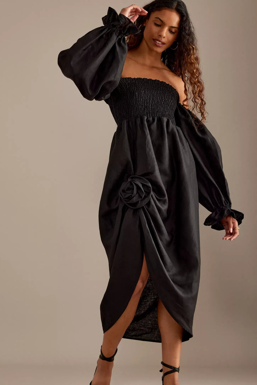 Black Atlanta Linen Dress with Rose Detail
