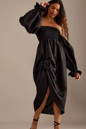 Black Atlanta Linen Dress with Rose Detail