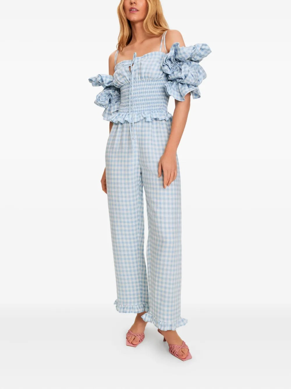 Blue Vichy Puff Linen Lounge Pants