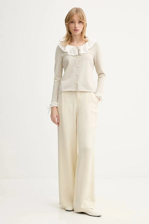 Beige Malena Knitted Cardigan with Lace Collar
