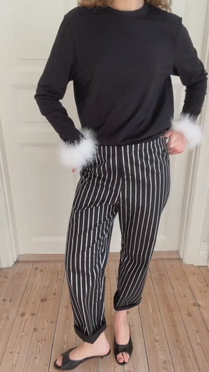 Black & White Long Sleeve Stretch-cotton Jersey T-Shirt with Detachable Feathers