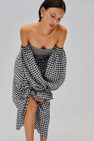 Black Vichy Atlanta Linen Dress with Rose Detail