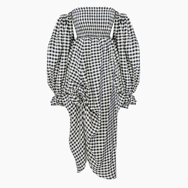 Black Vichy Atlanta Linen Dress with Rose Detail