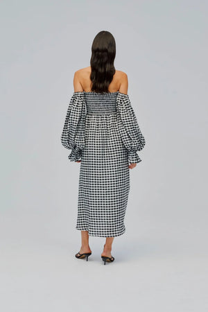 Black Vichy Atlanta Linen Dress with Rose Detail