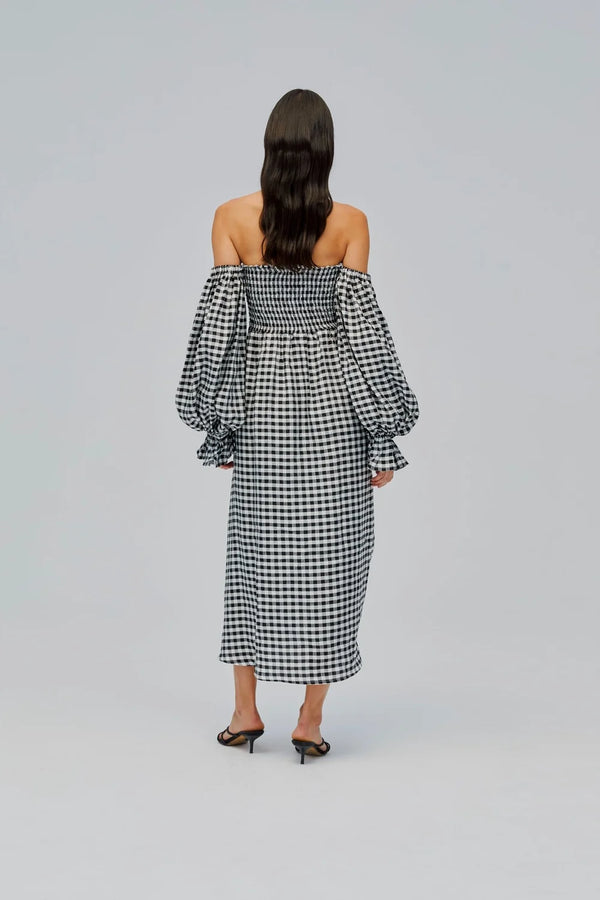 Black Vichy Atlanta Linen Dress with Rose Detail